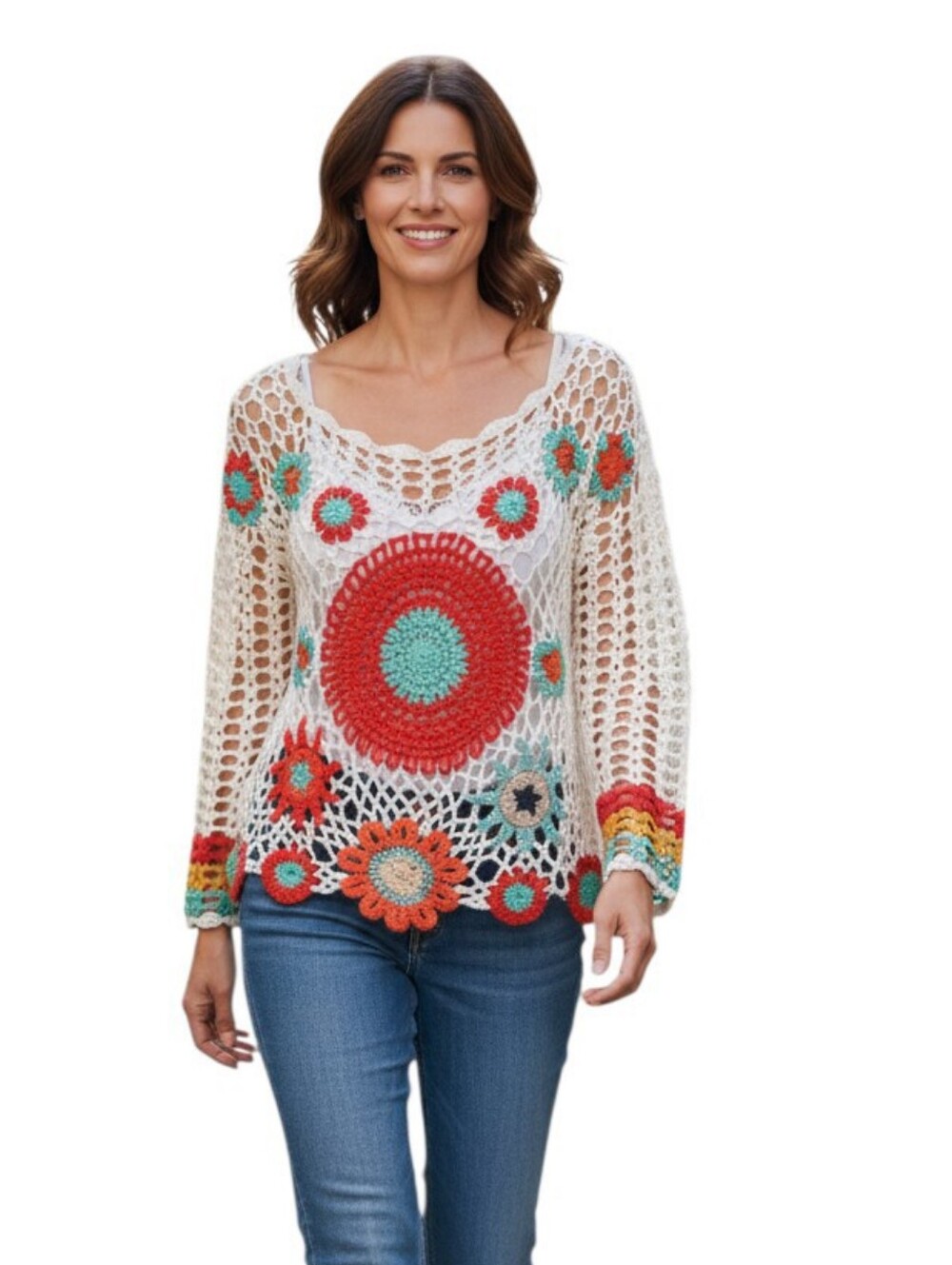 Open Weave Crochet Sweater Bohemian Hippie Pullover Top